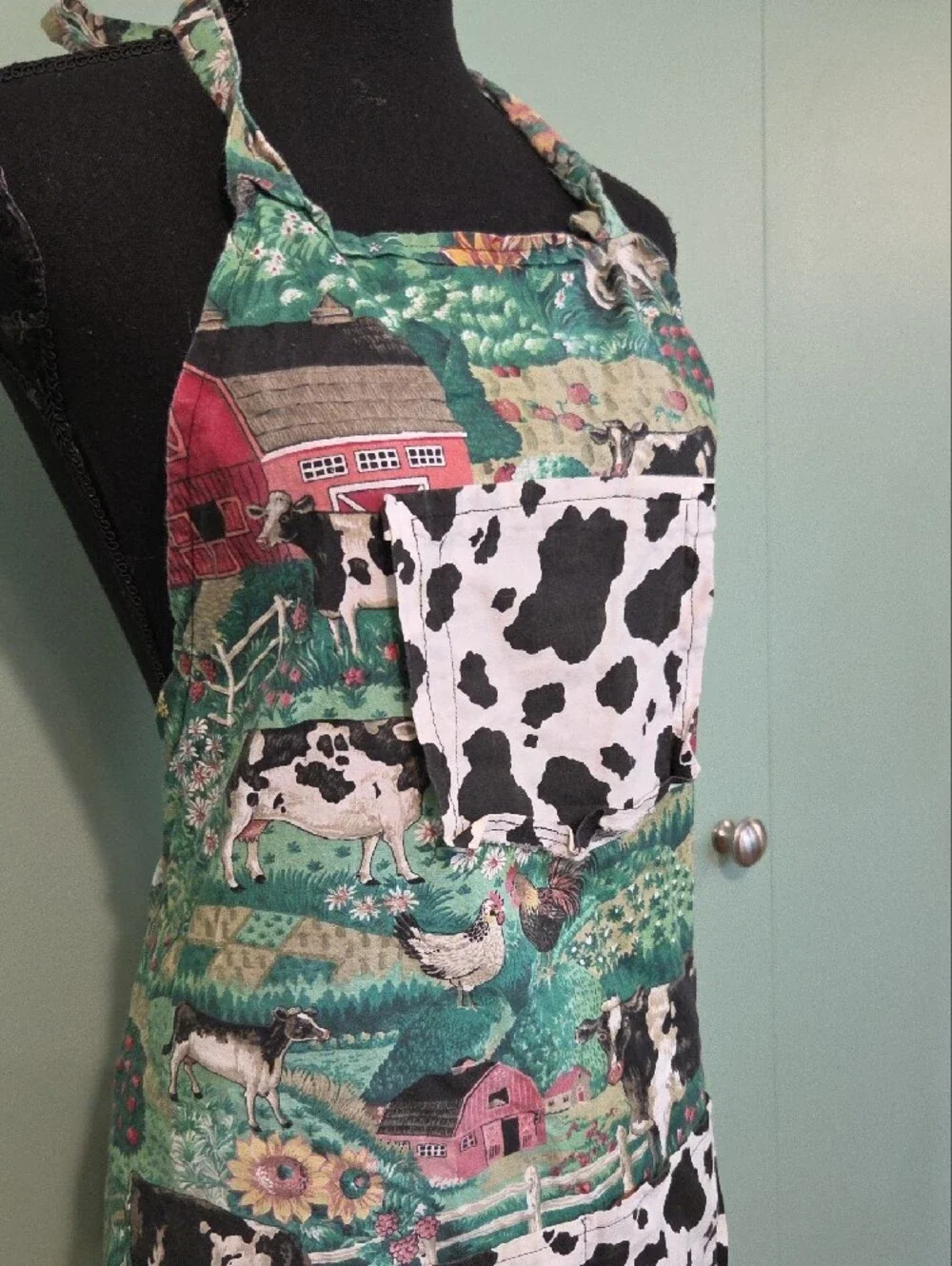 Handmade Farmhouse Cow Print Apron Green, Black & White